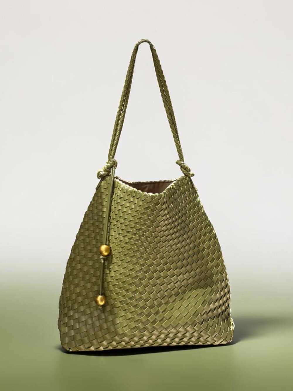 Olive Green Woven Shoulder Bag Quiet Luxury Boho Chic Tote - Picture 2 of 7